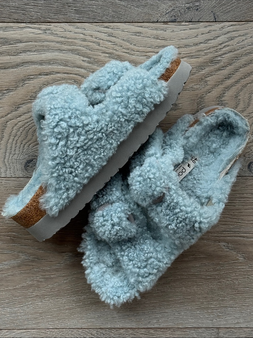 Papillio Birkenstock Arizona Big Buckle Blue Shearling Platform Slide Sandal-40 - Picture 4 of 13